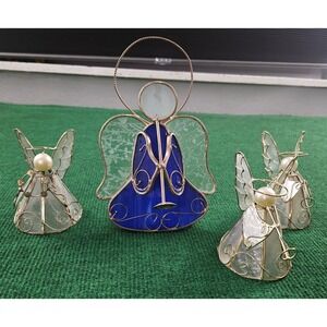 LOT OF 4 Stained Glass Angel Tealight Candle Holder Blue Wings Halo